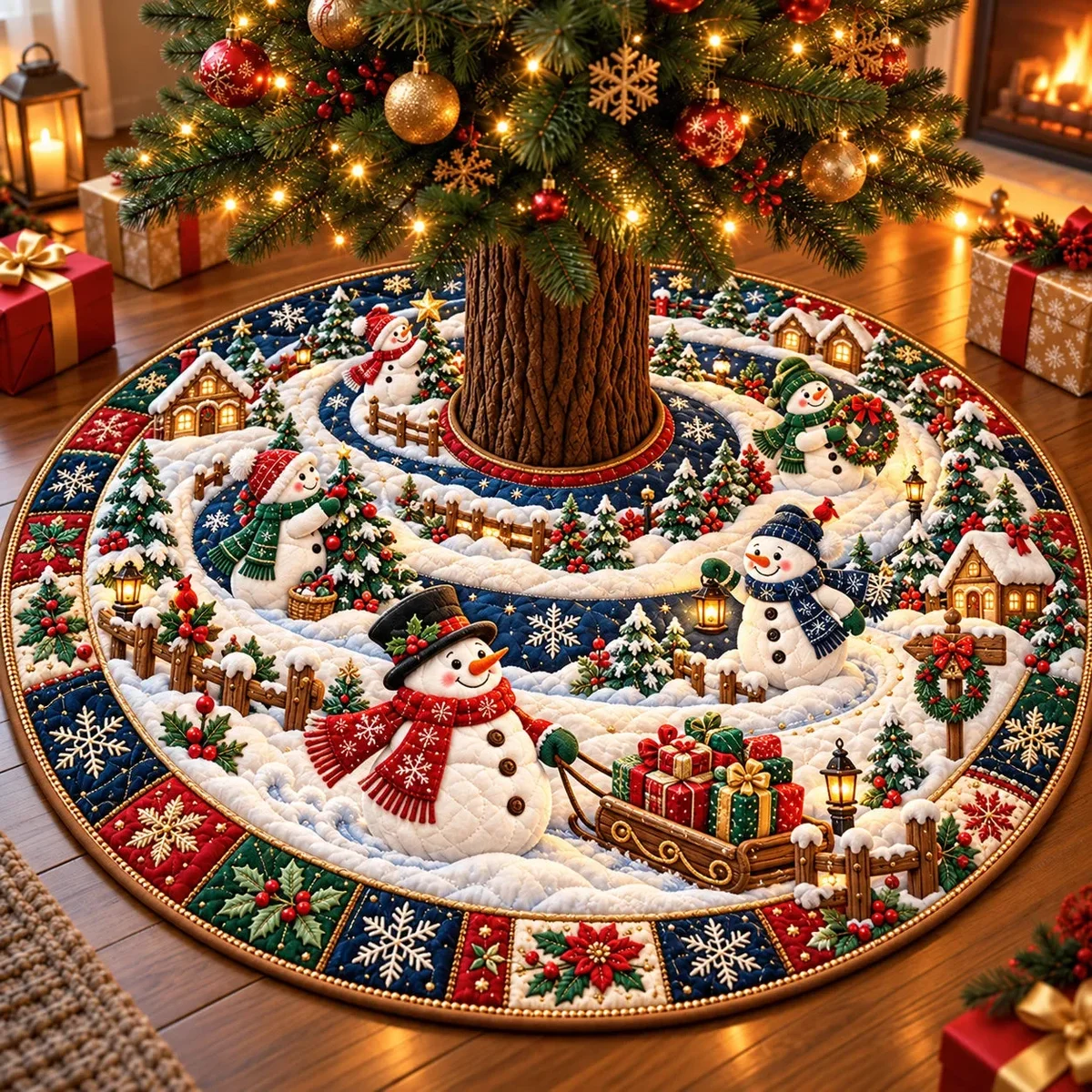 Snowman Christmas Village Quilted Tree Skirt Christmas Gift