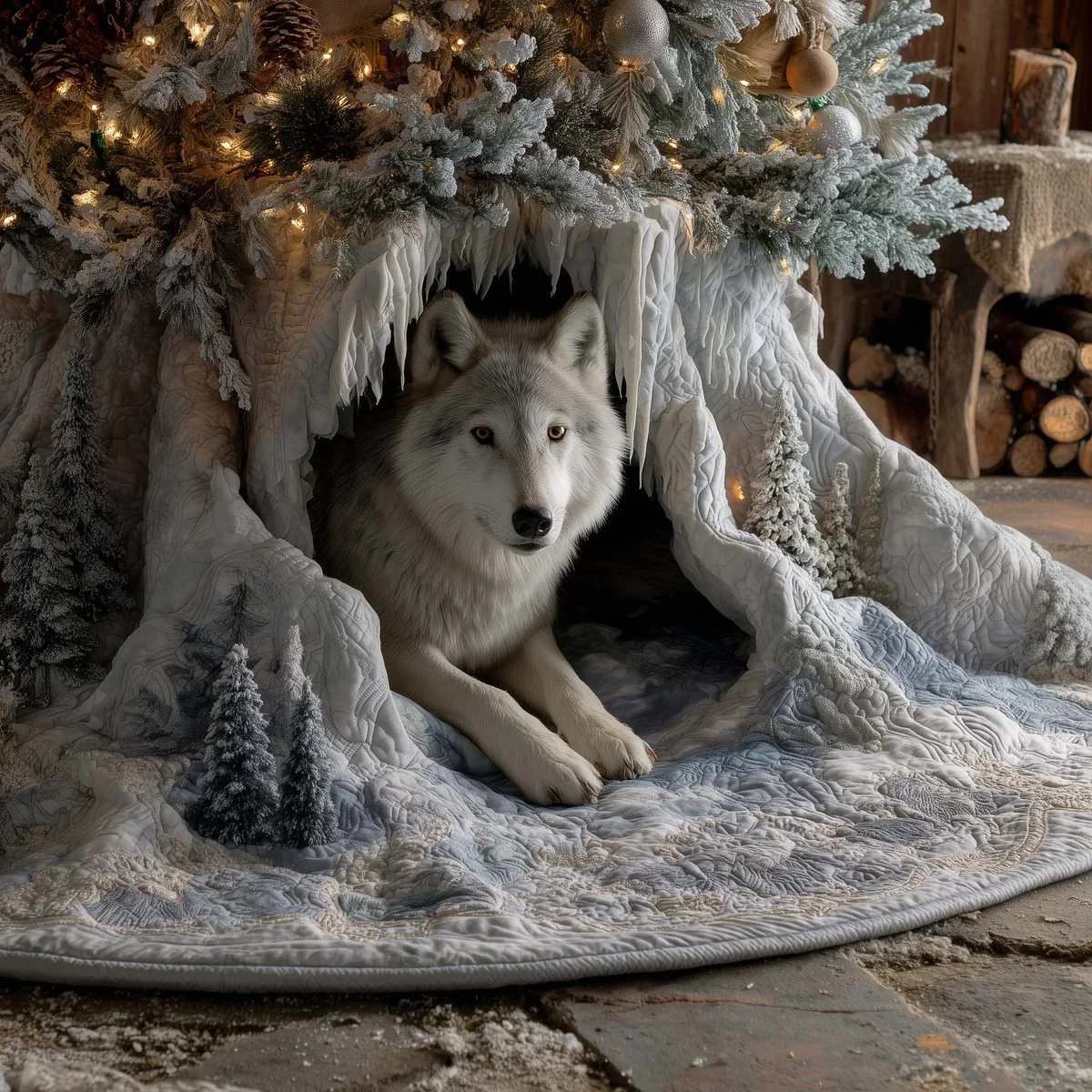 Snowy Wolf Quilted Tree Skirt Christmas Gift
