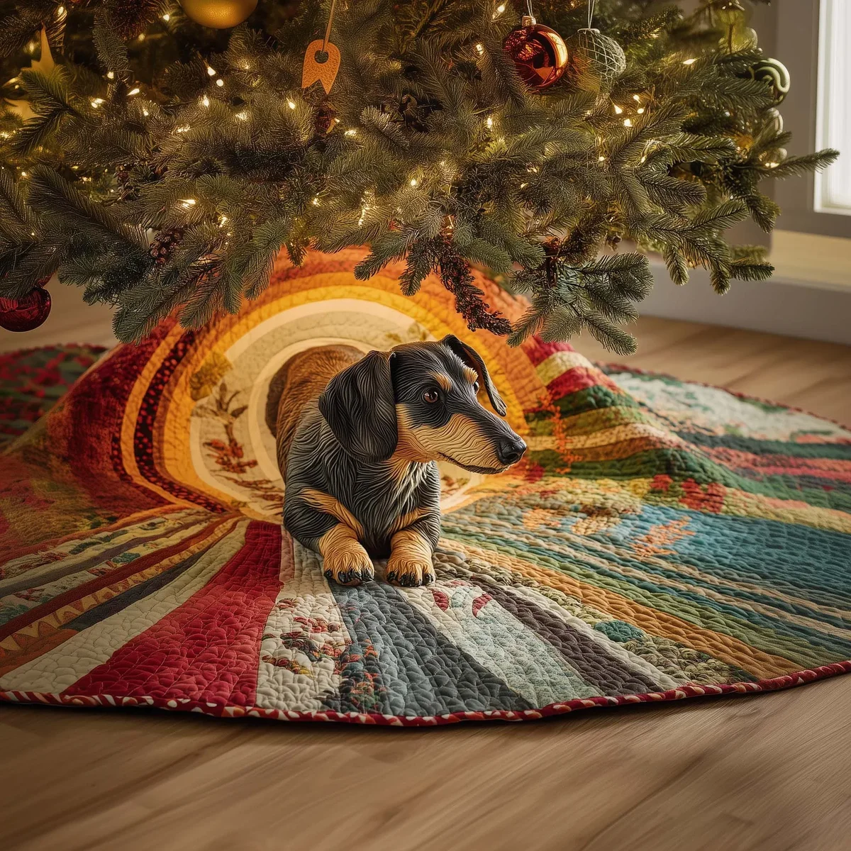 Rainbow Tunnel Dachshund Quilted Tree Skirt Christmas Gift