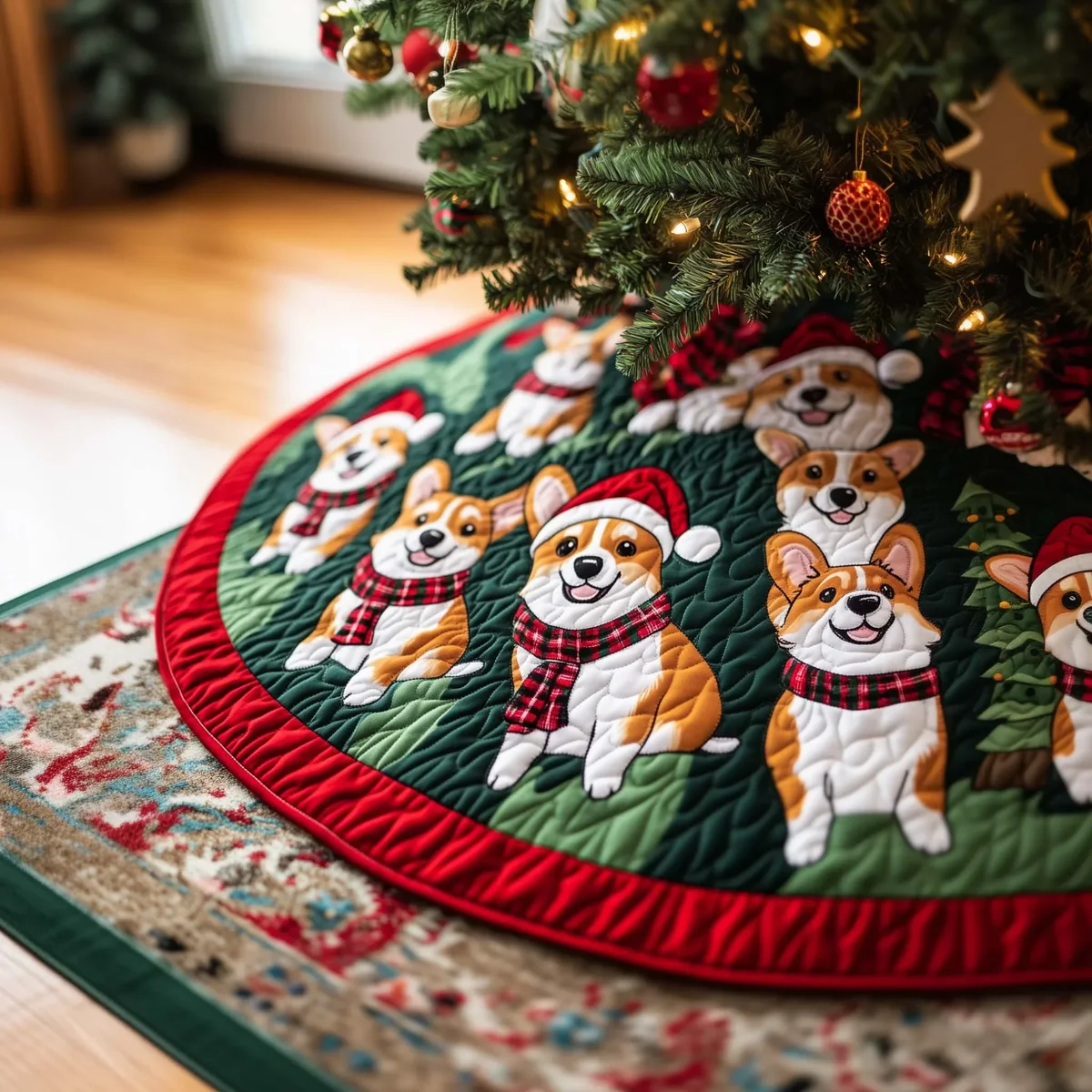 Merry Corgi Quilted Tree Skirt Christmas Gift