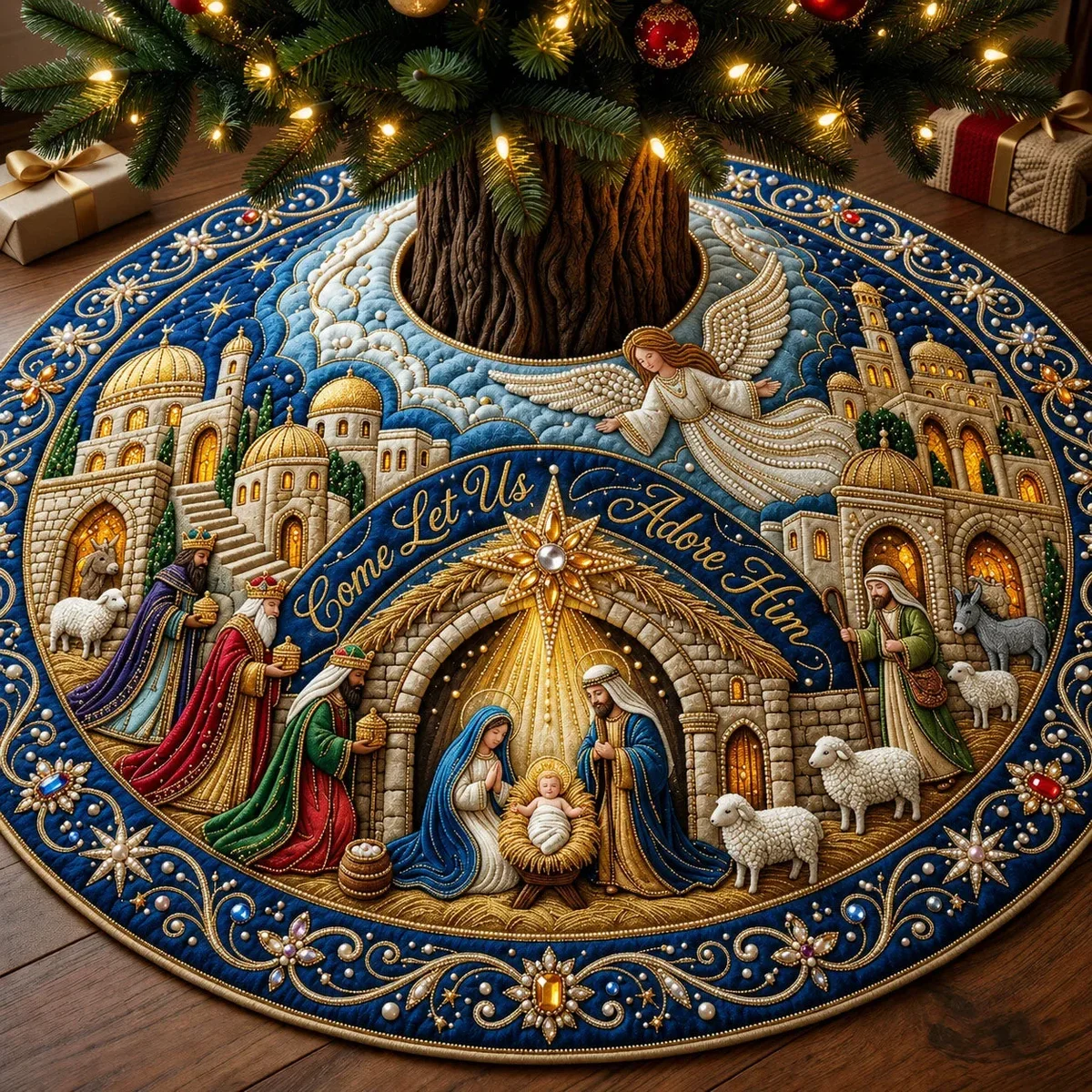 Let Us Adore Him Quilted Tree Skirt Christmas Gift