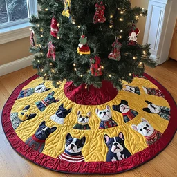 Playful French Bulldog Christmas Quilted Tree Skirt Christmas Gift