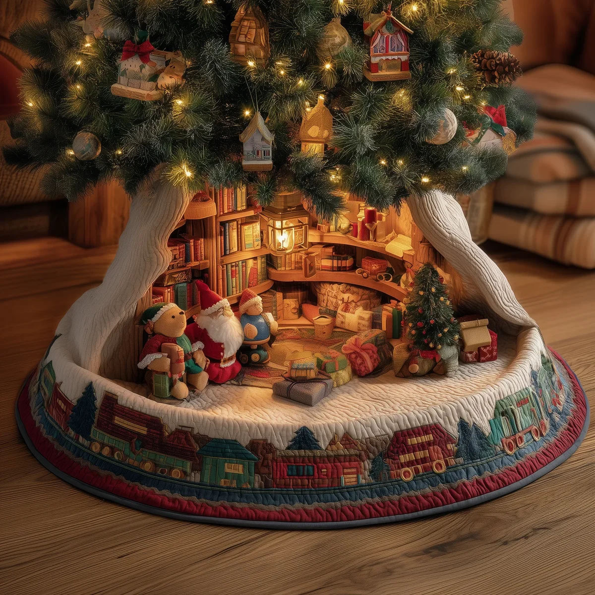 Santa Library Quilted Tree Skirt Christmas Gift