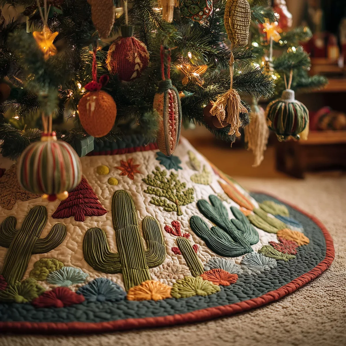 Howdy Cactus Quilted Tree Skirt Christmas Gift