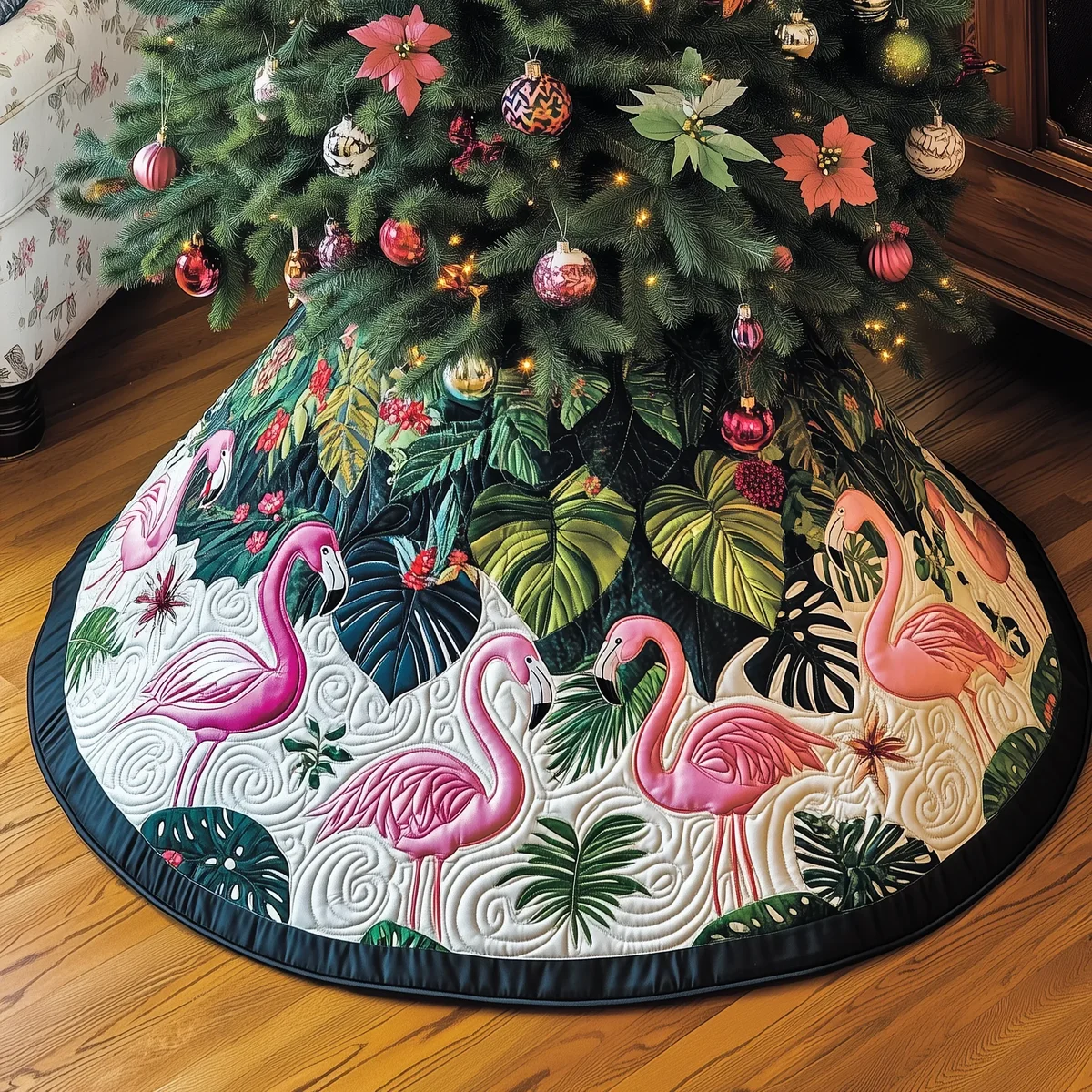 Tropical Flamingo Quilted Tree Skirt Christmas Gift