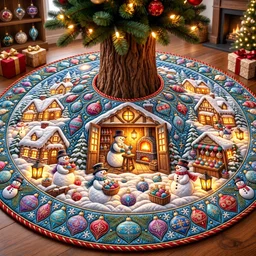 Snowman Glassmaker Village Quilted Tree Skirt Christmas Gift