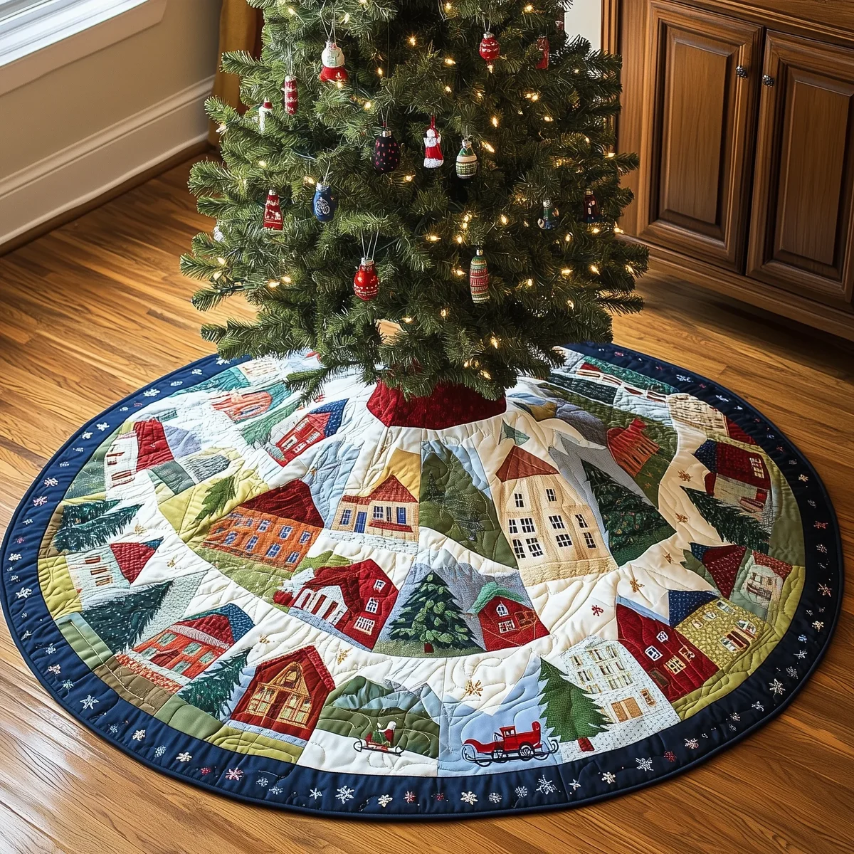 Snowy Village Quilted Tree Skirt Christmas Gift