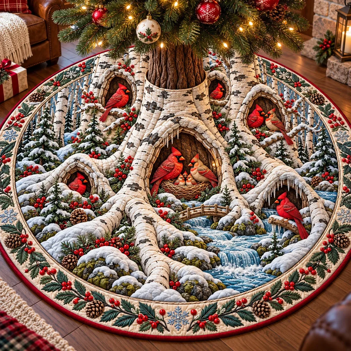 Winter Birch Cardinals Quilted Tree Skirt Christmas Gift