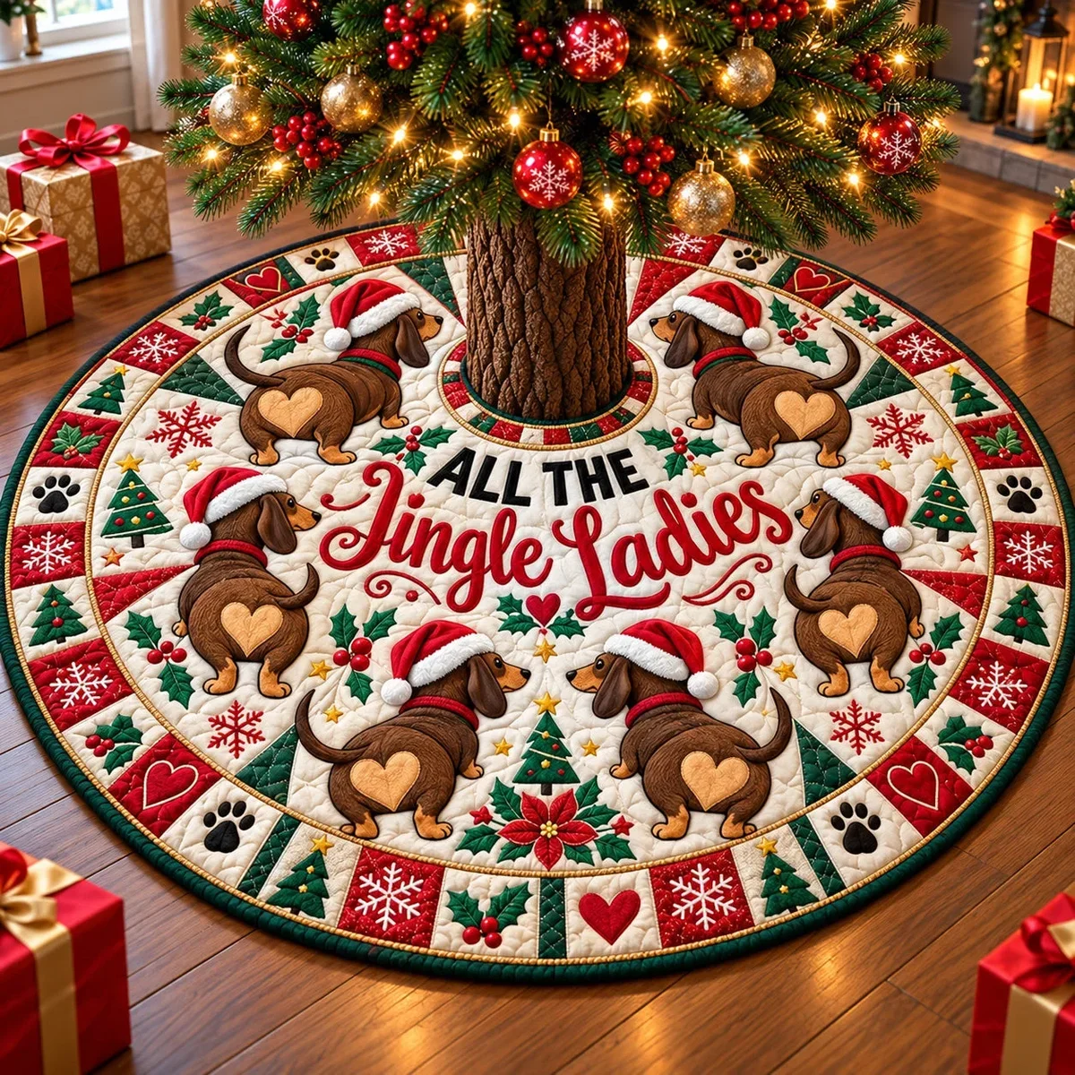 Jingle Ladies Dachshunds Quilted Tree Skirt Christmas Gift