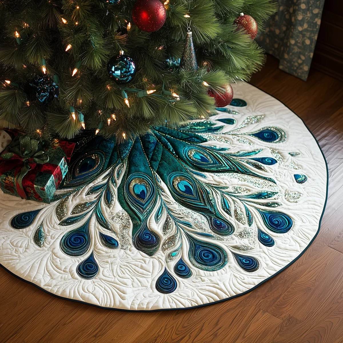 Peacock Feather Quilted Tree Skirt Christmas Gift