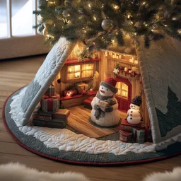 Snowman Cottage Quilted Tree Skirt Christmas Gift