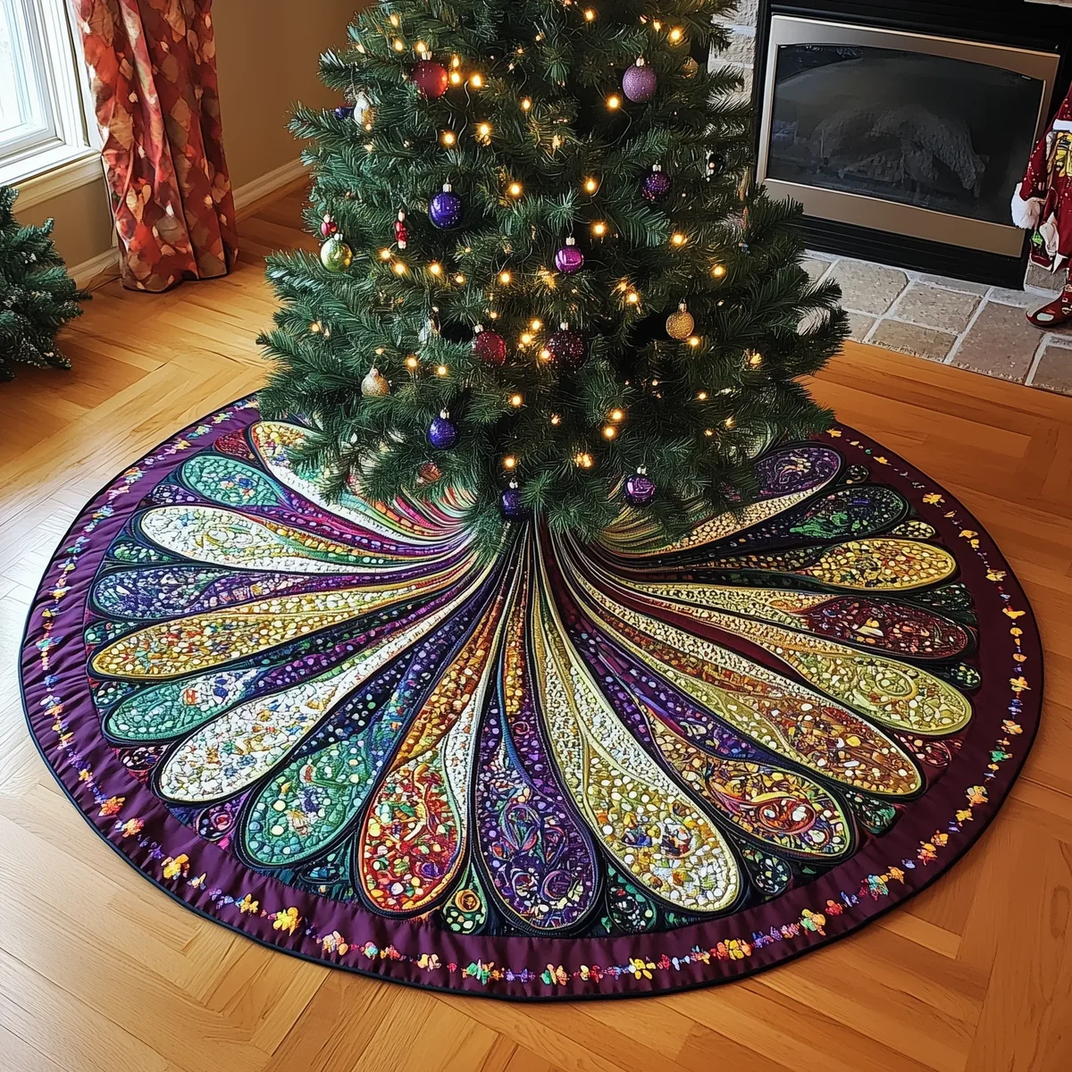 Peacock Mandala Quilted Tree Skirt Christmas Gift