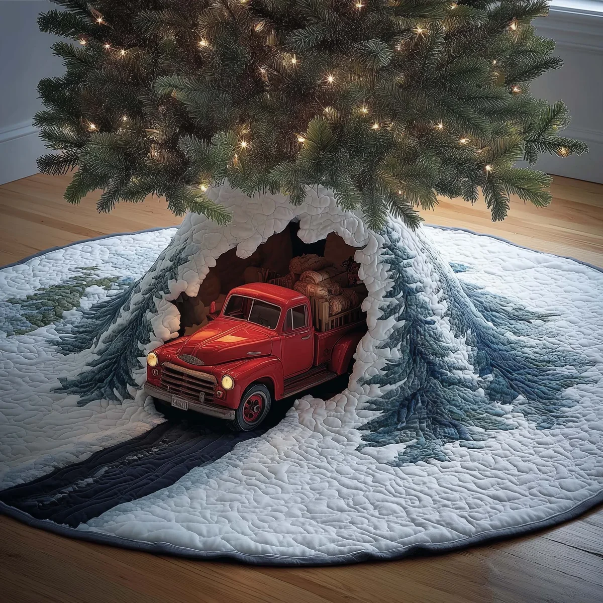 Snowy Truck Quilted Tree Skirt Christmas Gift