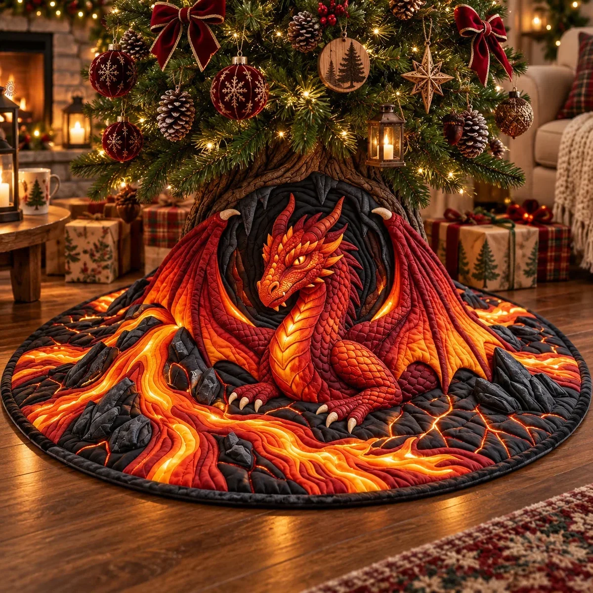 Volcano Dragon Quilted Tree Skirt Christmas Gift