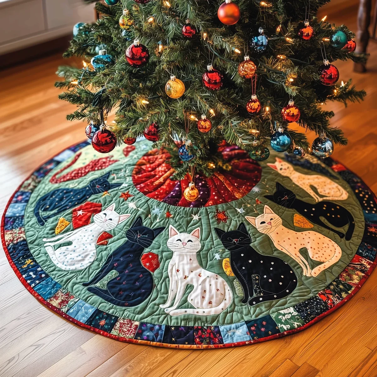 Playful Cat Quilted Tree Skirt Christmas Gift