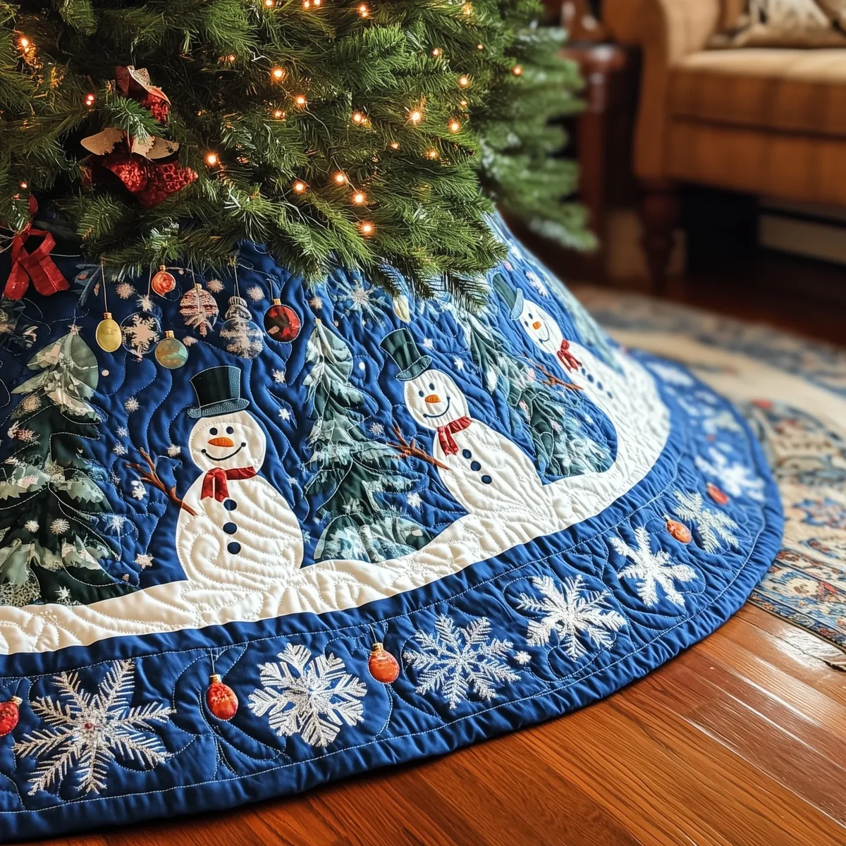 Swirls Snowmen Quilted Tree Skirt Christmas Gift