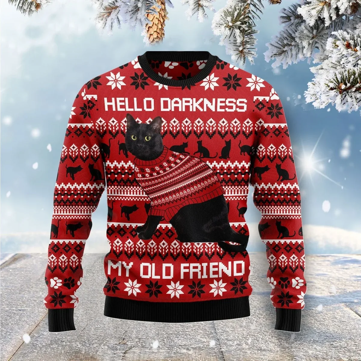 Black Cat Hello Darkness My Old Friend Ugly Christmas Sweater Christmas Vacation Clothing