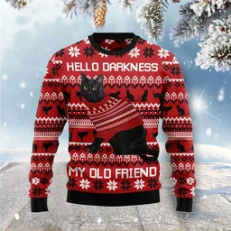 Black Cat Hello Darkness My Old Friend Ugly Christmas Sweater Christmas Vacation Clothing