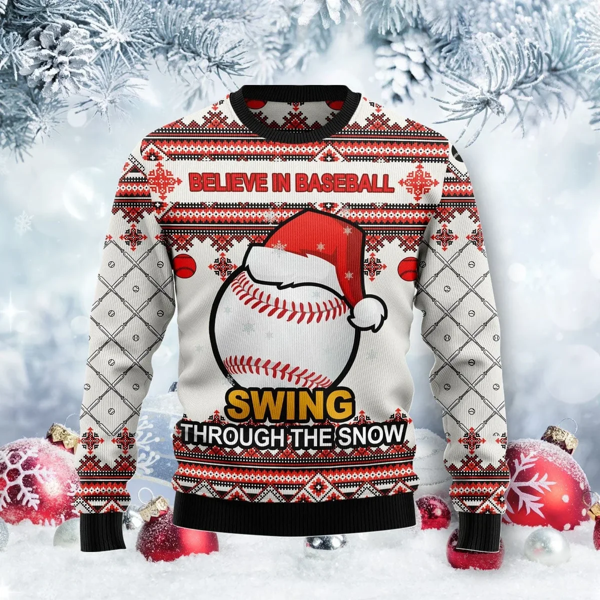 Baseball Swing Through Snow Ugly Christmas Sweater Xmas Outfit Baseball Lovers Gifts