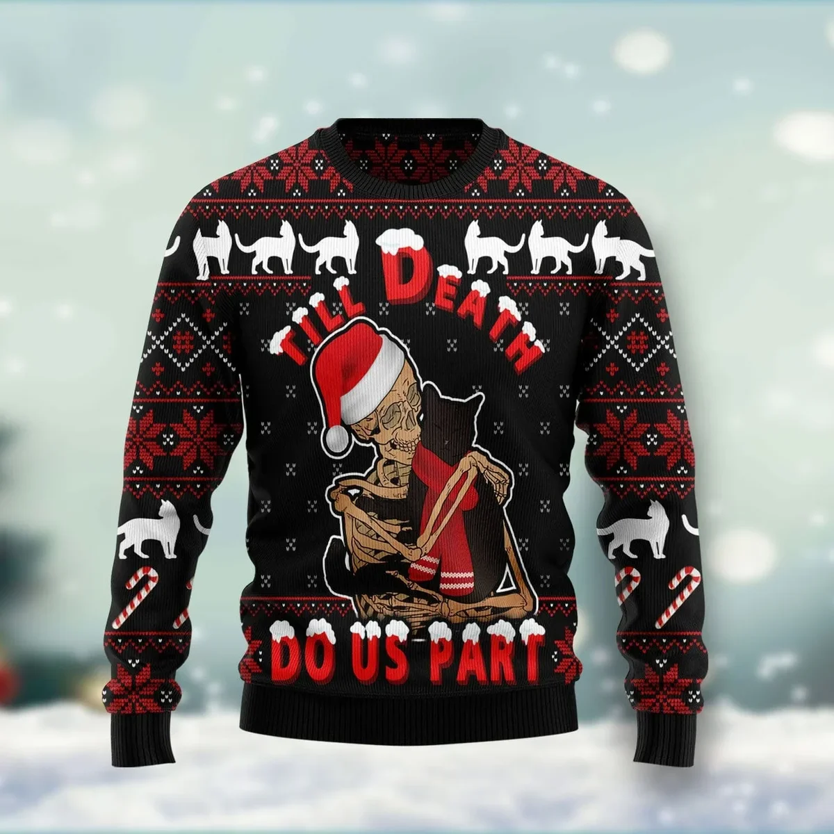 Black Cat Till Death Do Us Part Ugly Christmas Sweater Xmas Outfits Gifts For Cat Lovers