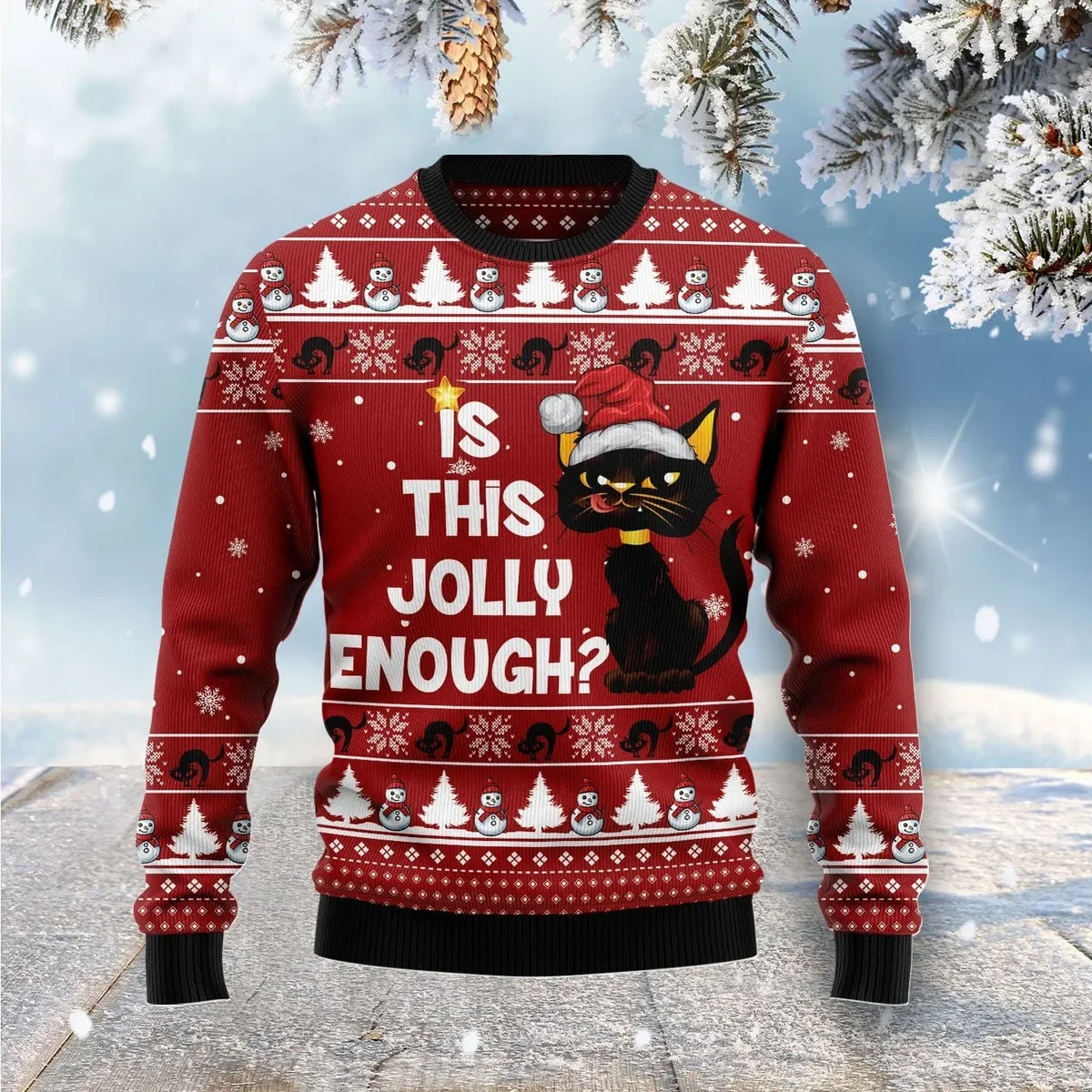 Black Cat Is This Jolly Enough Ugly Christmas Sweater Xmas Clothing Gifts For Cat Lovers