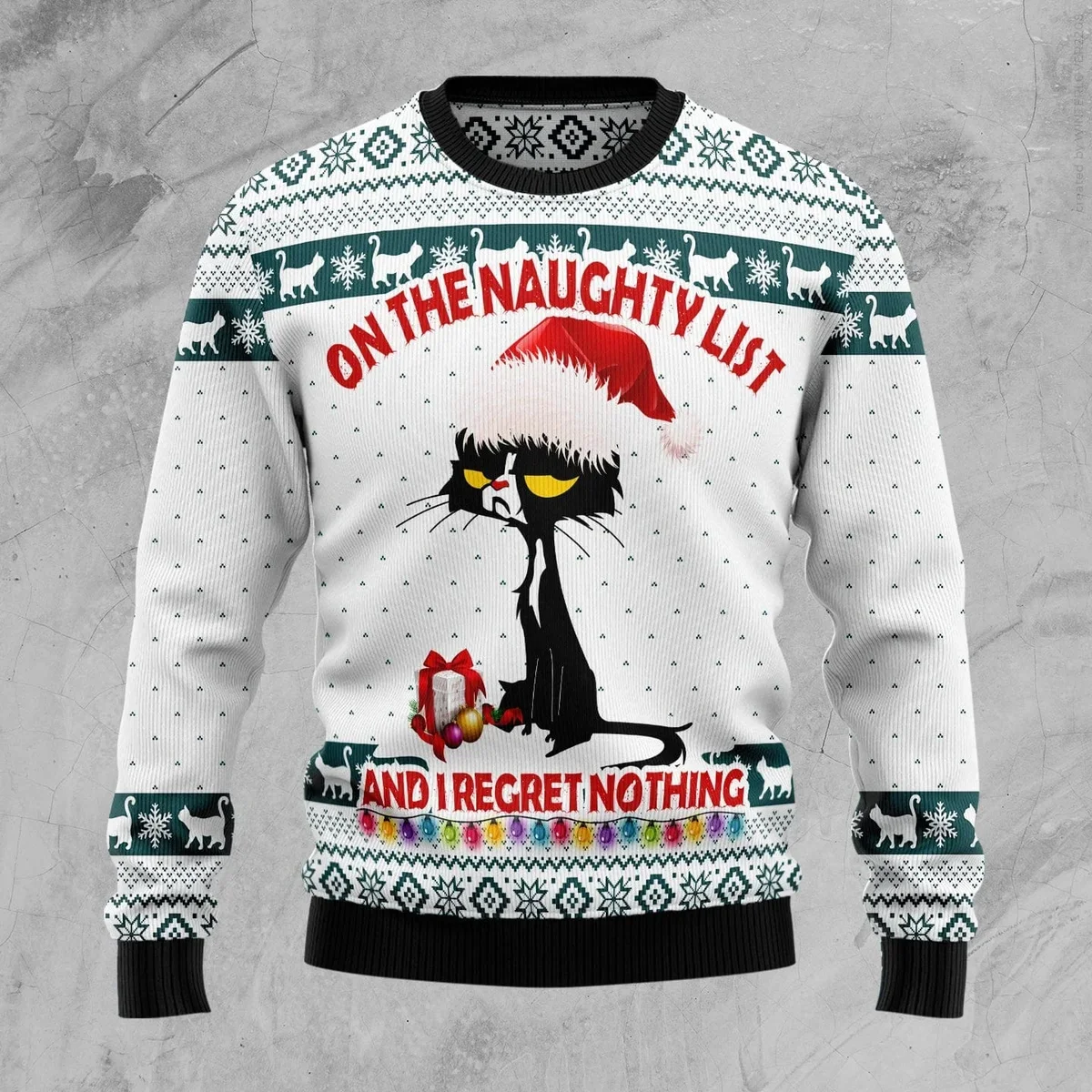 Black Cat Naughty List Ugly Christmas Sweater Funny Xmas Clothing Gifts For Cat Owners