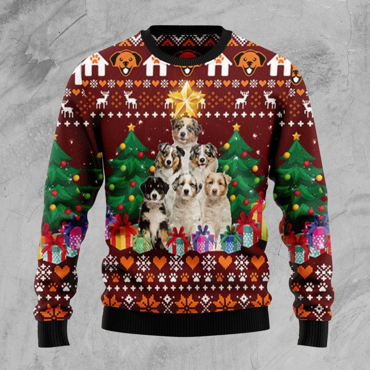 Australian Shepherd Pine Tree Ugly Christmas Sweater Xmas Party Clothes Gifts For Dog Lovers