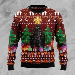 Black Cat Pine Tree Ugly Christmas Sweater Xmas Party Clothes Gifts For Cat Lovers
