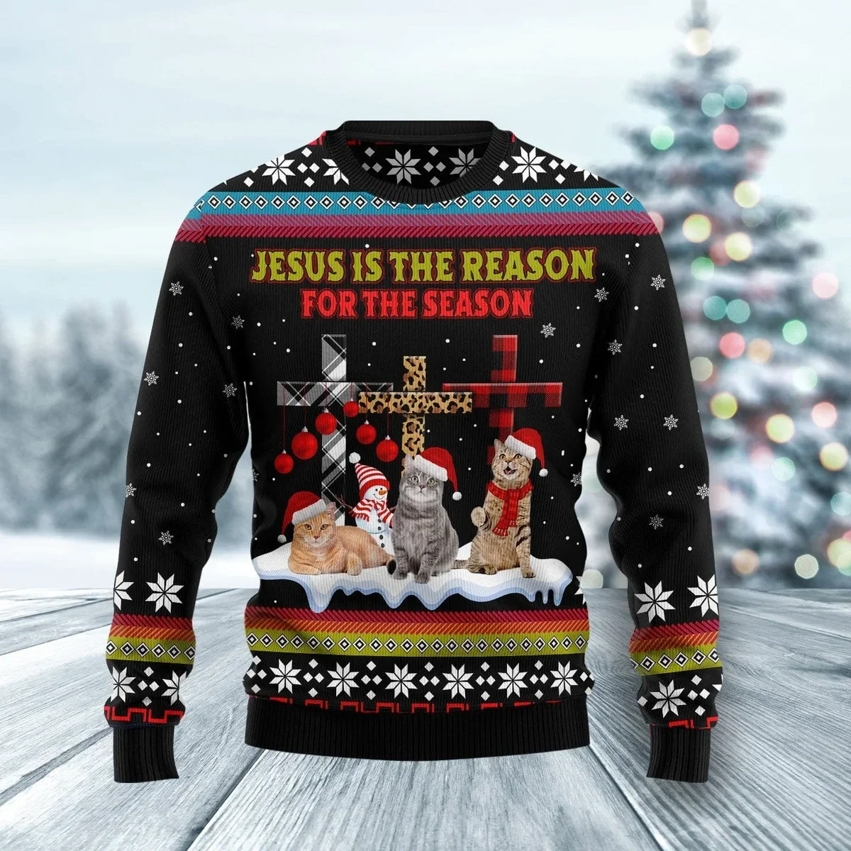 Cat Jesus Is The Reason For The Season Ugly Christmas Sweater Xmas Gifts For Cat Lovers