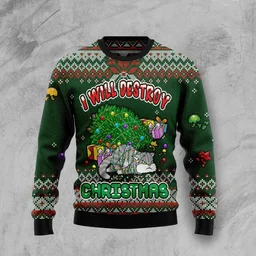 Funny Cat I Will Destroy Ugly Xmas Sweater Cold Weather Clothes Gifts For Cat Lovers