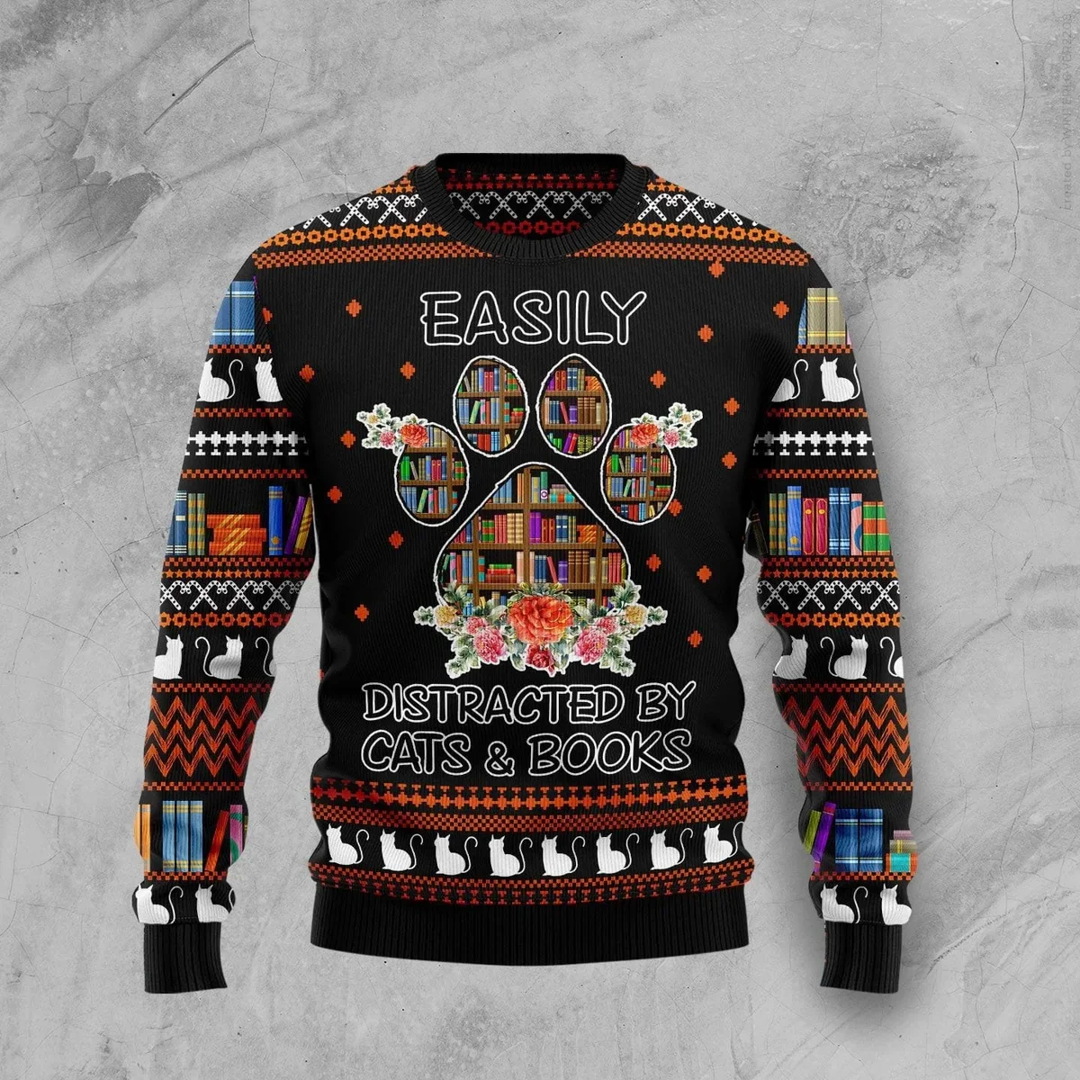 Cat And Books Christmas Ugly Christmas Sweater Christmas Vacation Outfit Gifts For Cat Lovers