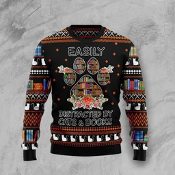 Cat And Books Christmas Ugly Christmas Sweater Christmas Vacation Outfit Gifts For Cat Lovers