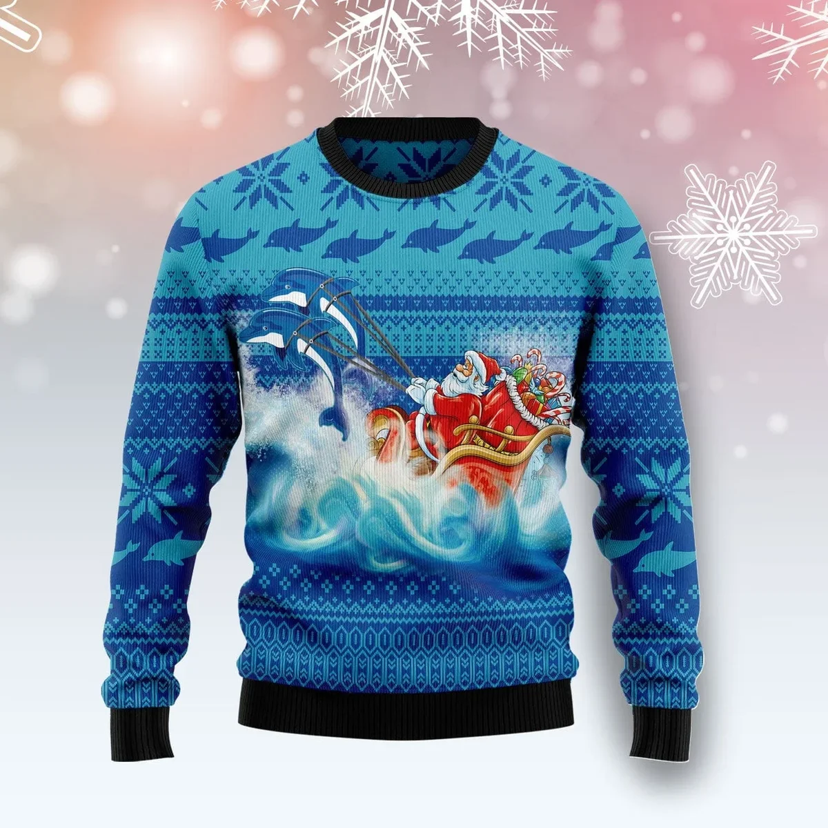 Dolphin Riding The Waves With Santa Ugly Christmas Sweater Funny Ugly Xmas Sweaters