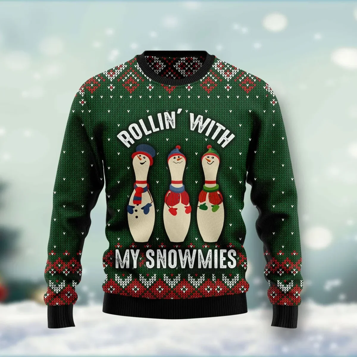 Bowling Rollin With My Snowmies Ugly Xmas Sweater Cold Weather Clothes Gifts For Snowman Lovers