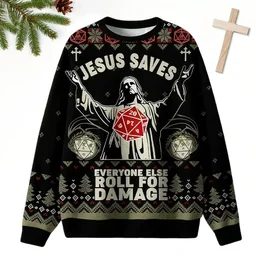 Jesus Saves Everyone Else Roll For Damage Ugly Xmas Sweater Xmas Vacation Outfit Gifts For Christians