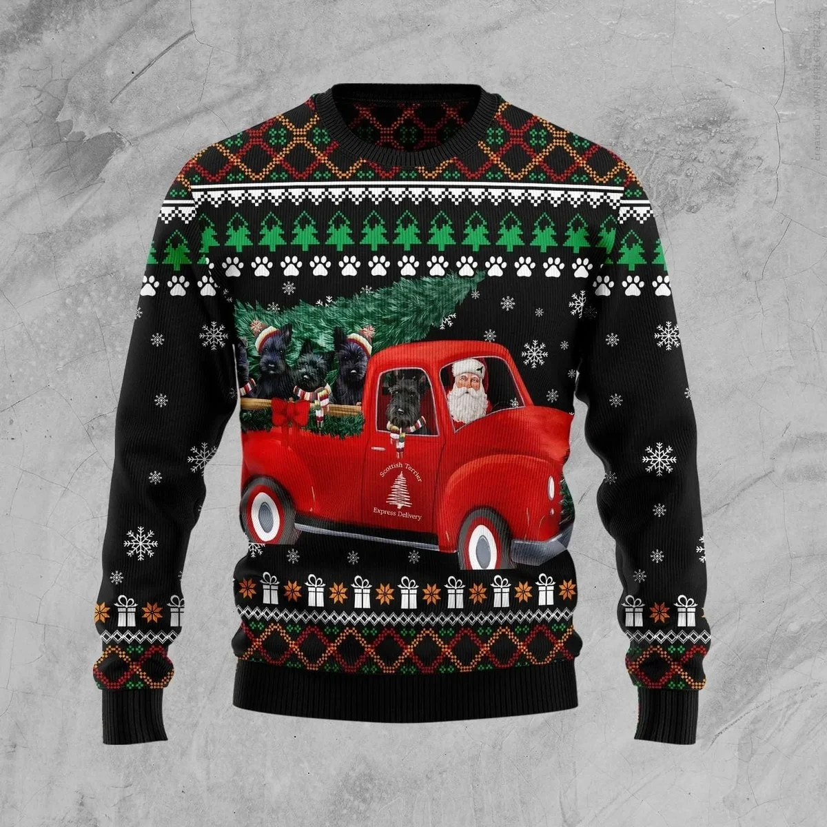 Scottish Terrier And Red Truck Ugly Xmas Sweater Cold Weather Clothes Gifts For Car Lovers