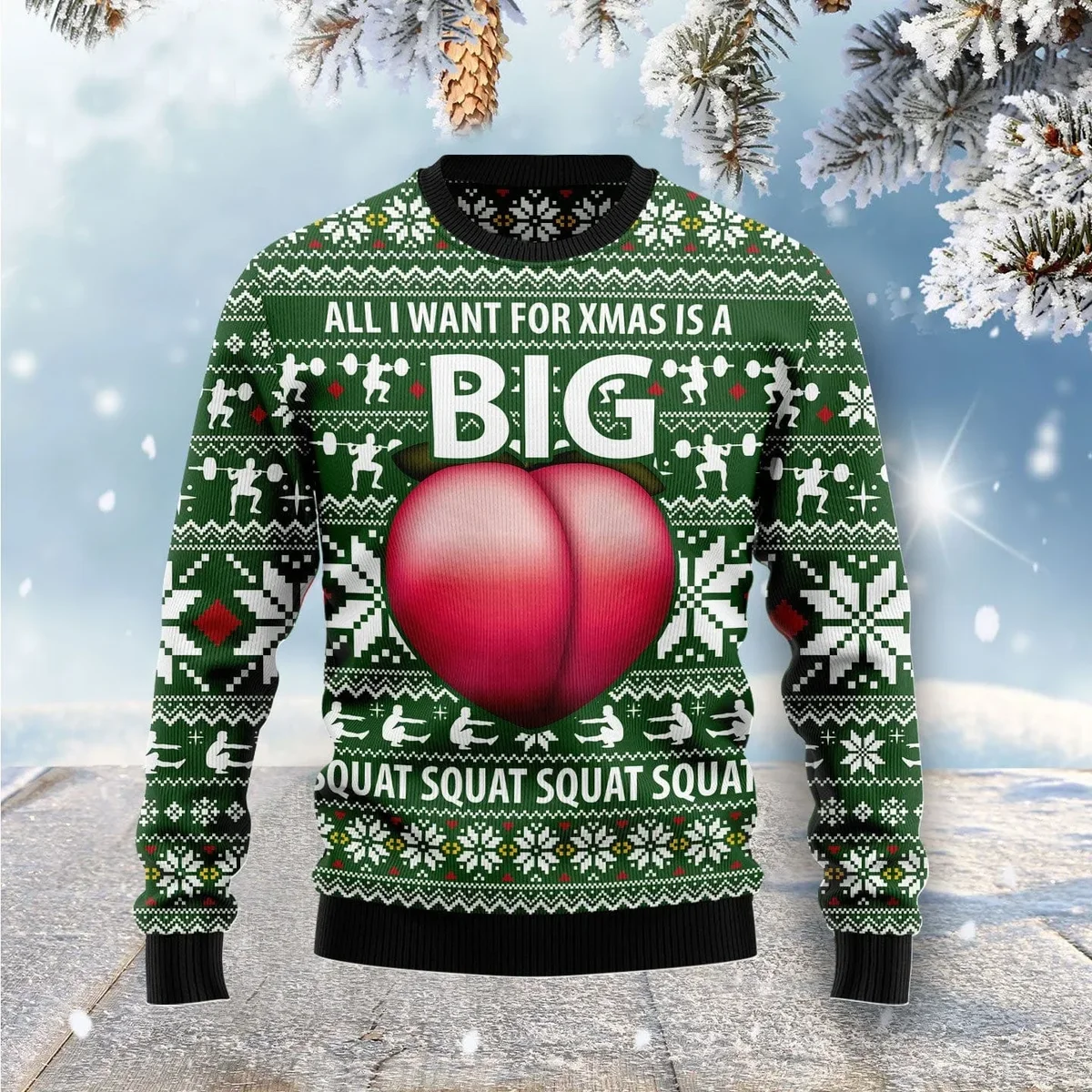 Peach Big Booty Squat Ugly Christmas Sweater Funny Xmas Sweater Gifts For Gym Goers