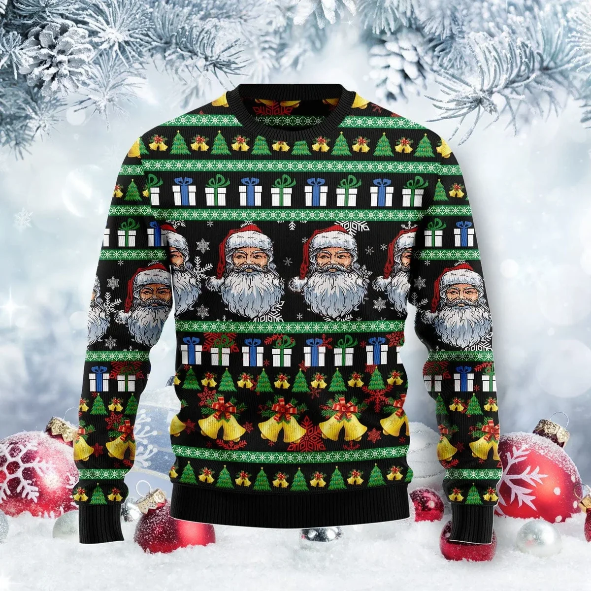 Santa Claus Jingle Bell Ugly Christmas Sweater Festive Holiday Outfit Xmas Gifts For Dad