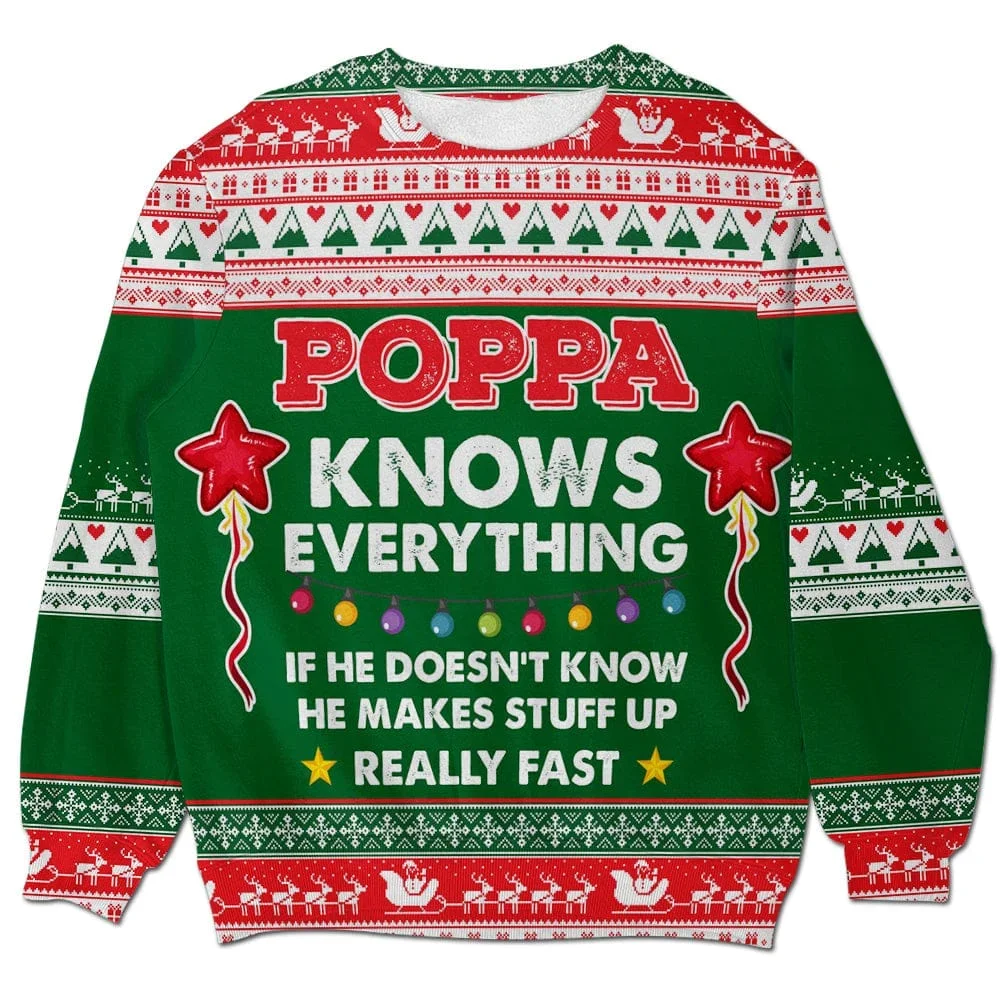 Poppa Knows Everything Ugly Christmas Sweater Festive Clothing Gifts For Friends
