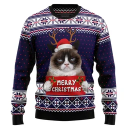 Grumpy Cat Merry Christmas Xmas Santa Hat Ugly Christmas Sweater Xmas Clothes Gifts For Cat Lovers
