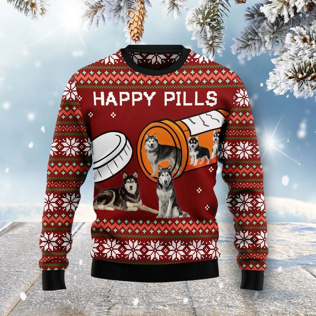 Siberian Husky Happy Pills Ugly Christmas Sweater Festive Clothing Gifts For Husky Lovers