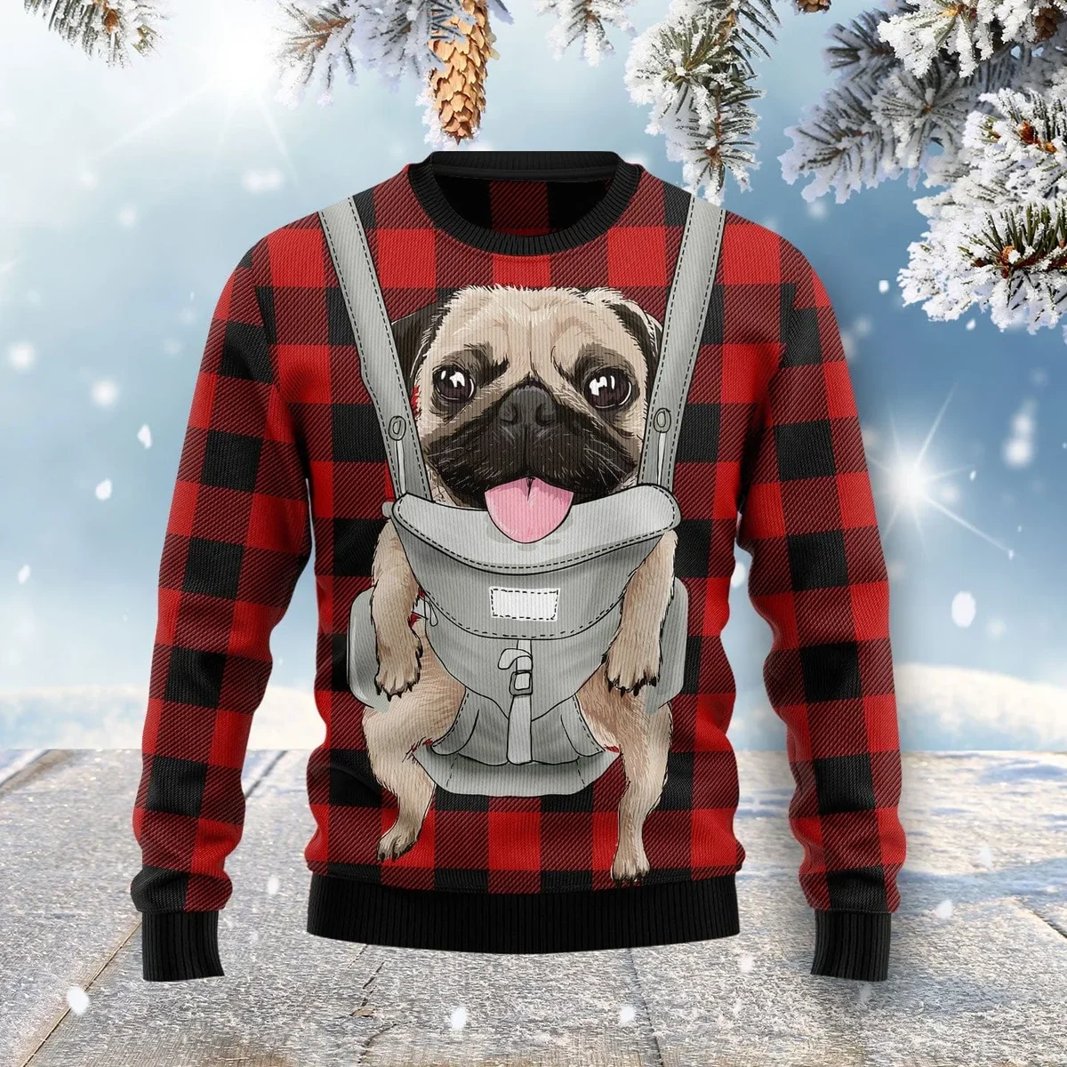 Pug Front Carrier Ugly Christmas Sweater Funny Christmas Clothing Gifts For Pug Lovers