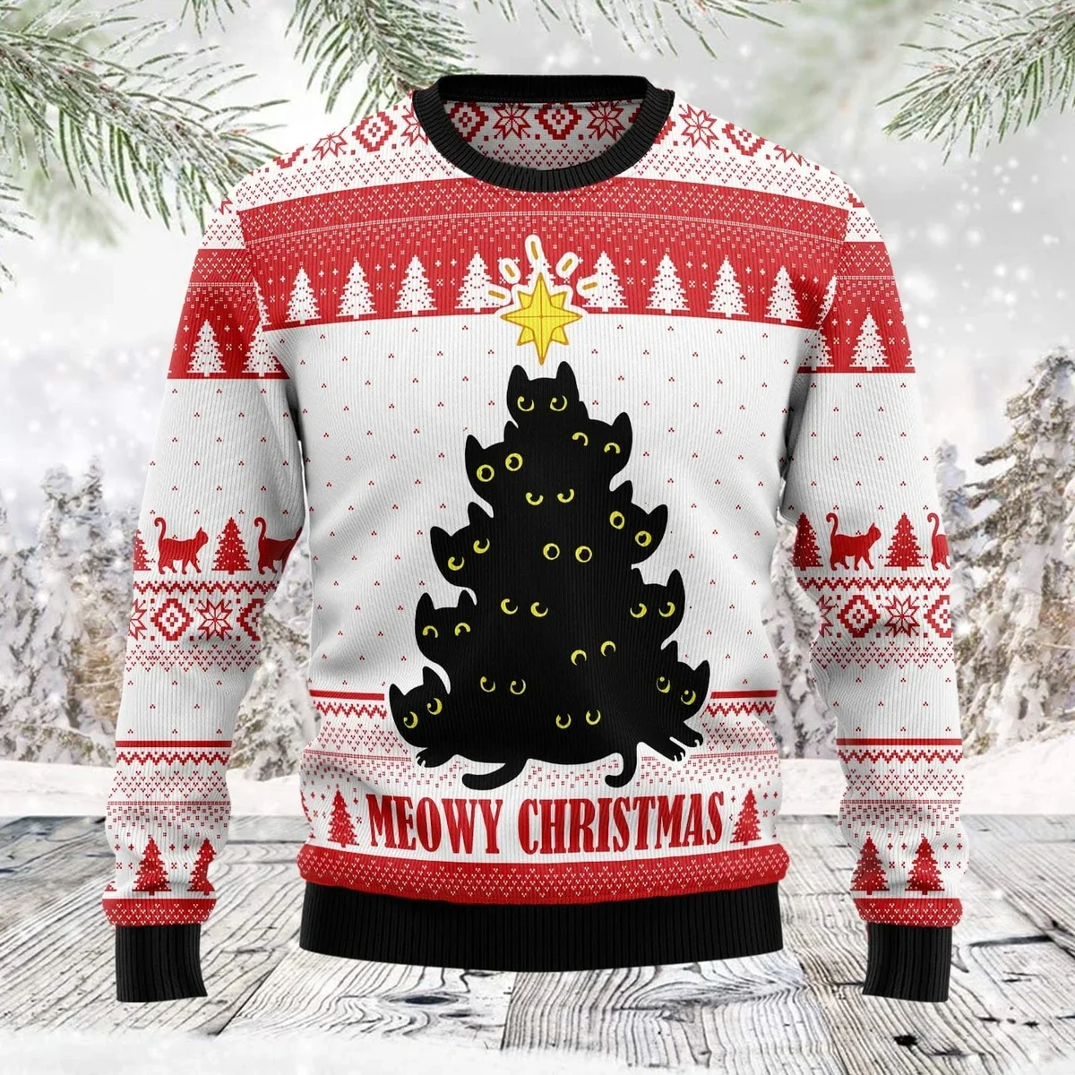 Meowy Christmas Ugly Xmas Sweater Cold Weather Clothes Gifts For Cat Lovers