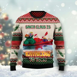 Santa Claus Is Kayaking To Town Ugly Christmas Sweater Xmas Sweater Gifts For Kayaking Lovers