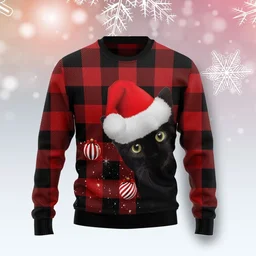 Plaid Pattern Balck Cat Ugly Christmas Sweater Xmas Party Clothes Gifts For Cat Lovers
