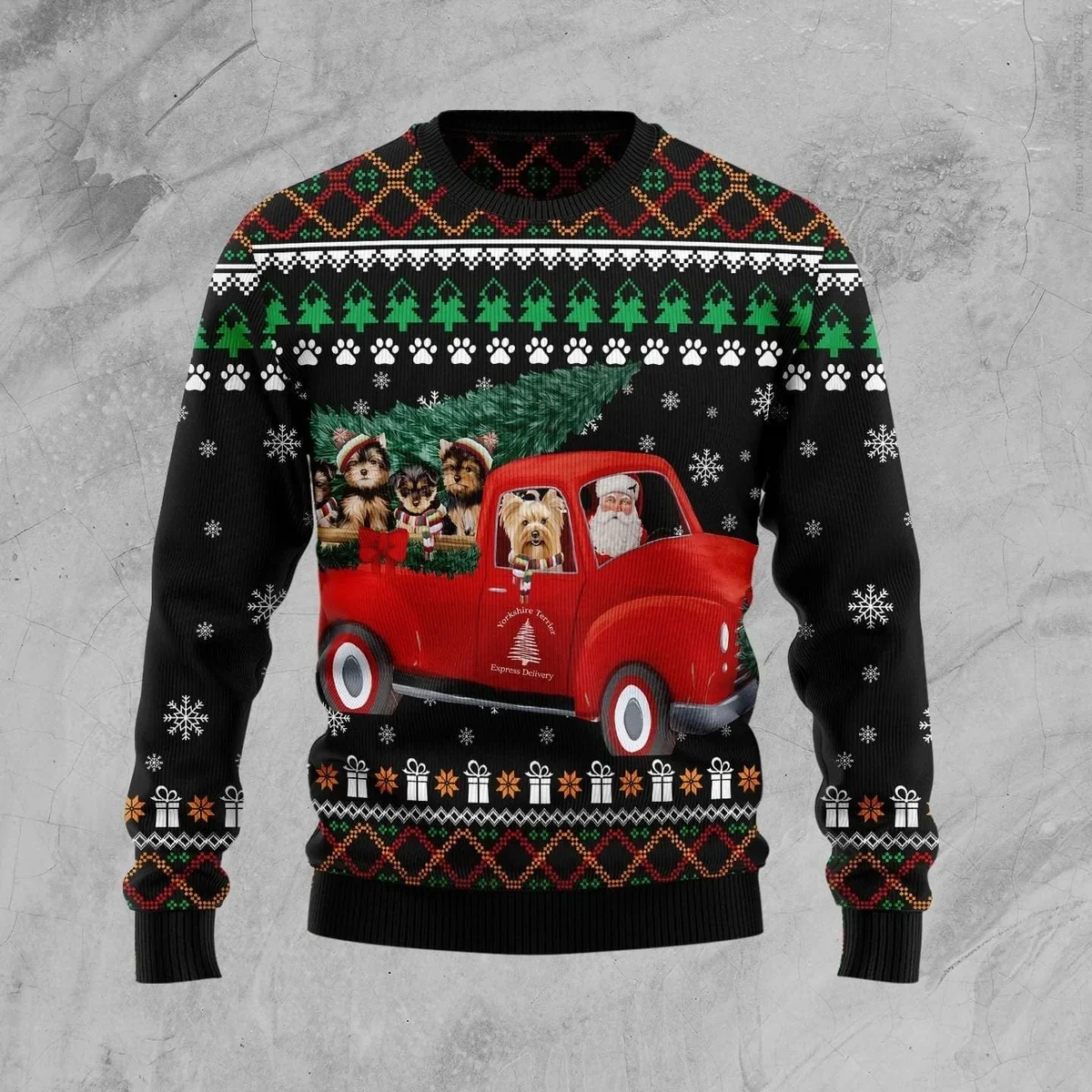 Yorkshire Terrier And Red Truck Ugly Xmas Sweater Cold Weather Clothes Gifts For Car Lovers