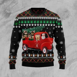 Yorkshire Terrier And Red Truck Ugly Xmas Sweater Cold Weather Clothes Gifts For Car Lovers