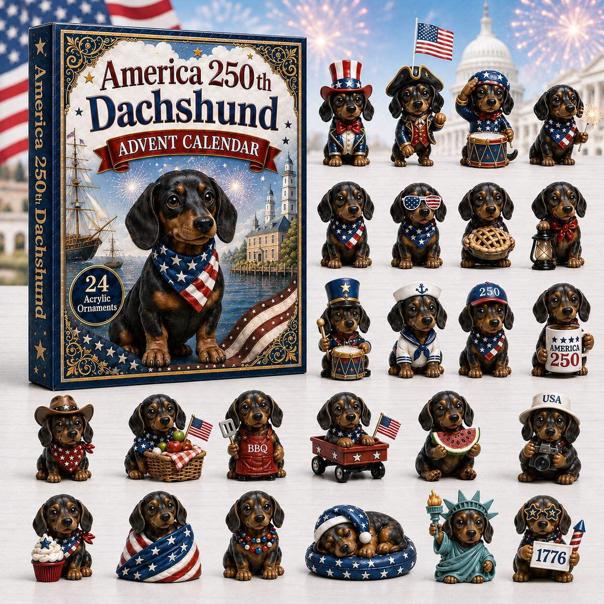 America 250Th Dachshund Christmas Advent Calendar Xmas Countdown Gifts For Dachshund Lovers