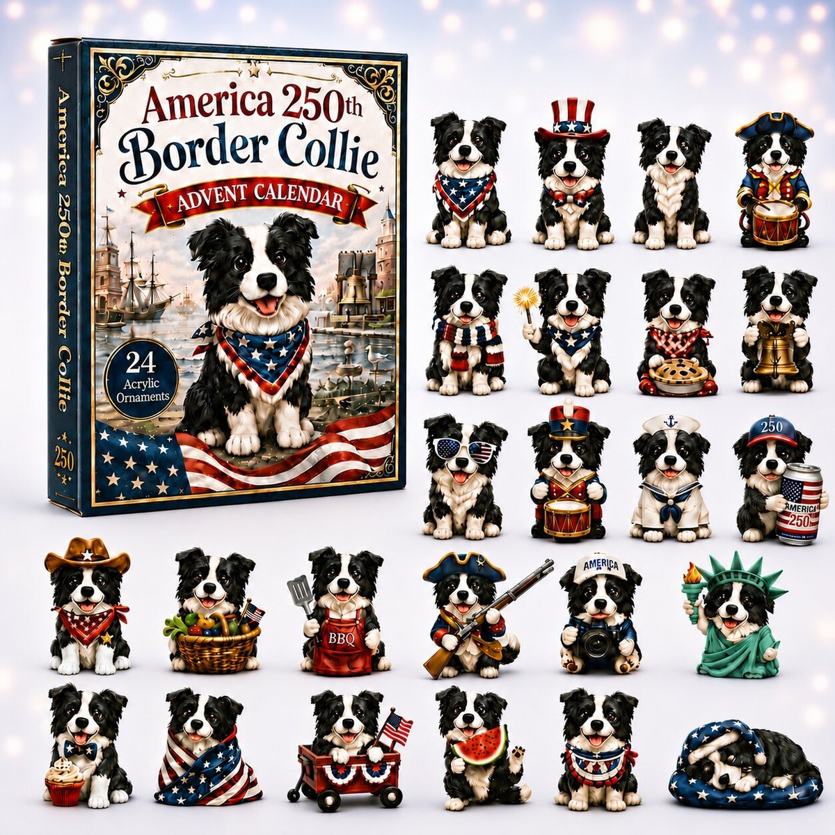 America 250Th Border Collie Christmas Advent Calendar Xmas Gifts For Border Collie Lovers