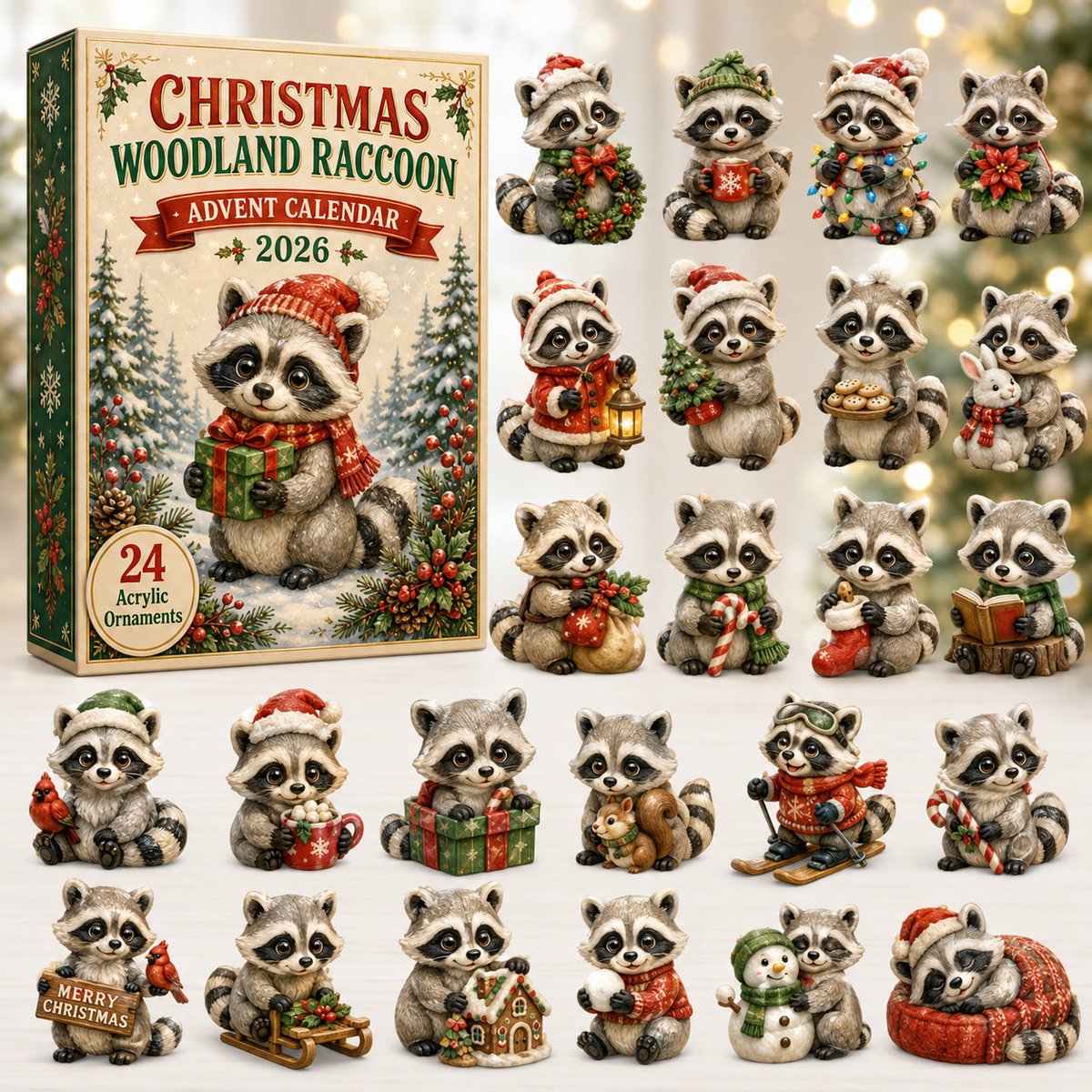 Christmas Woodland Raccoon Advent Calendar Xmas Tree Hanging Gifts For Raccoon Lovers